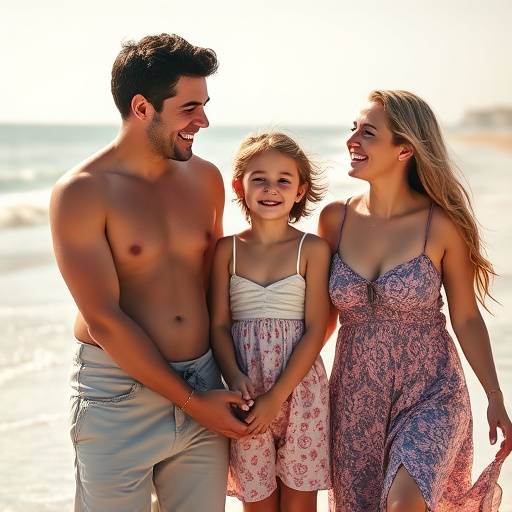 A family portrait with parents and two children laughing and holding hands on a beach.