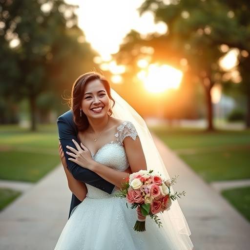 A happy couple during their wedding photoshoot, embracing in a park.