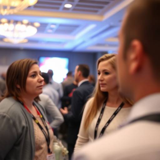 A photograph of a conference with people networking in a large convention hall.