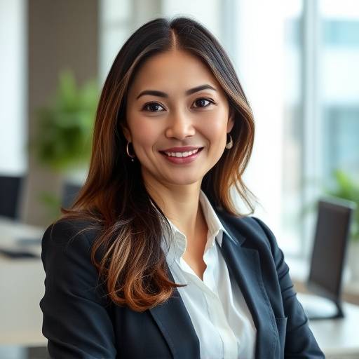 A professional headshot of a businesswoman in a modern office setting.