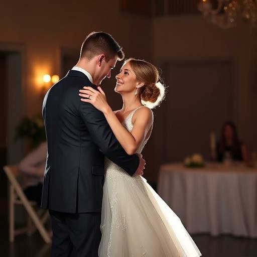 A romantic photograph of a bride and groom sharing their first dance at their wedding reception.